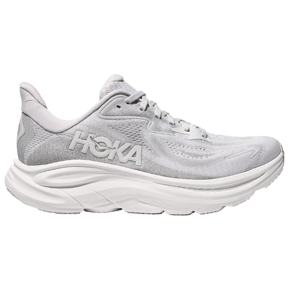 Gray running shoe with white sole on a white background