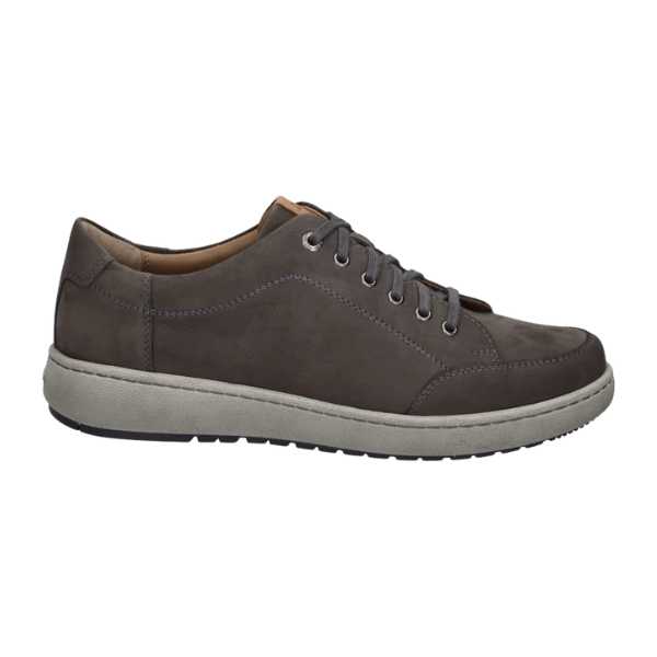 The Josef Seibel Mens David 03 Granite, by Josef Seibel, is a dark brown leather lace-up sneaker with visible stitching and a light gray textured sole, shown in a stylish side profile on a white background.