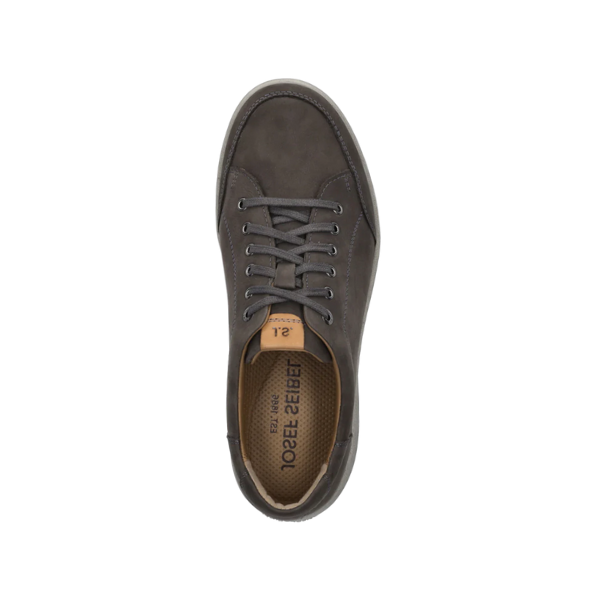 Top view of the Josef Seibel Mens David 03 Granite sneaker in dark brown leather with gray laces and a tan insole by Josef Seibel, shown on a white background.