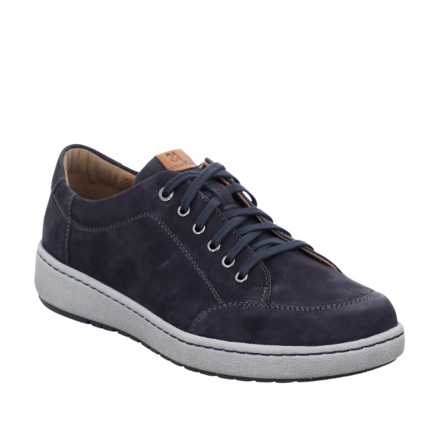 The Josef Seibel Mens David 03 Indigo sneaker features navy blue suede, matching laces, white stitching, a tan tongue accent, and a light gray sole—designed for all-day comfort and foot pain relief by Josef Seibel.
