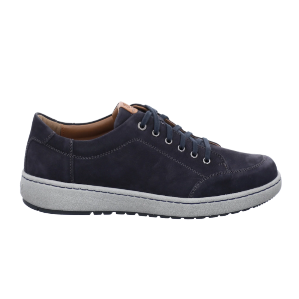 The Josef Seibel Mens David 03 Indigo sneaker features dark blue suede and leather, navy laces, metal eyelets, tan lining, and a light gray rubber sole—shown in side view on a white background.