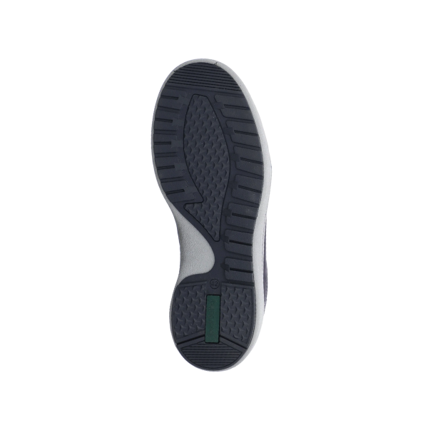 The Josef Seibel Mens David 03 Indigo by Josef Seibel features a black rubber sole with textured tread, gray edges, and a small green accent—designed for comfortable mens shoes and all-day foot pain relief.