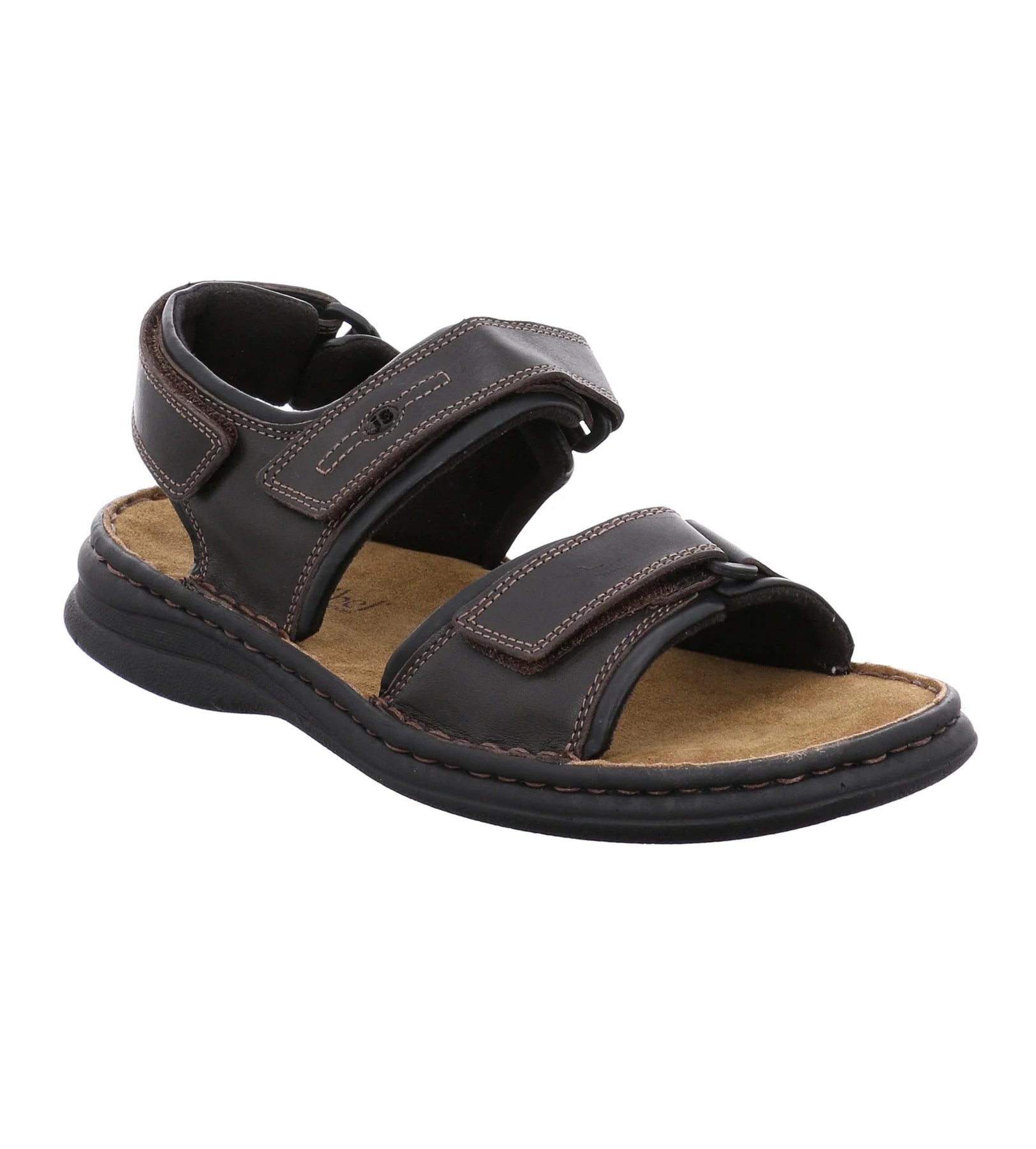 The Josef Seibel Mens Rafe Brown sandals feature two adjustable Velcro straps, an open toe, visible stitching, a cushioned tan insole for comfort, and a durable black rubber sole.