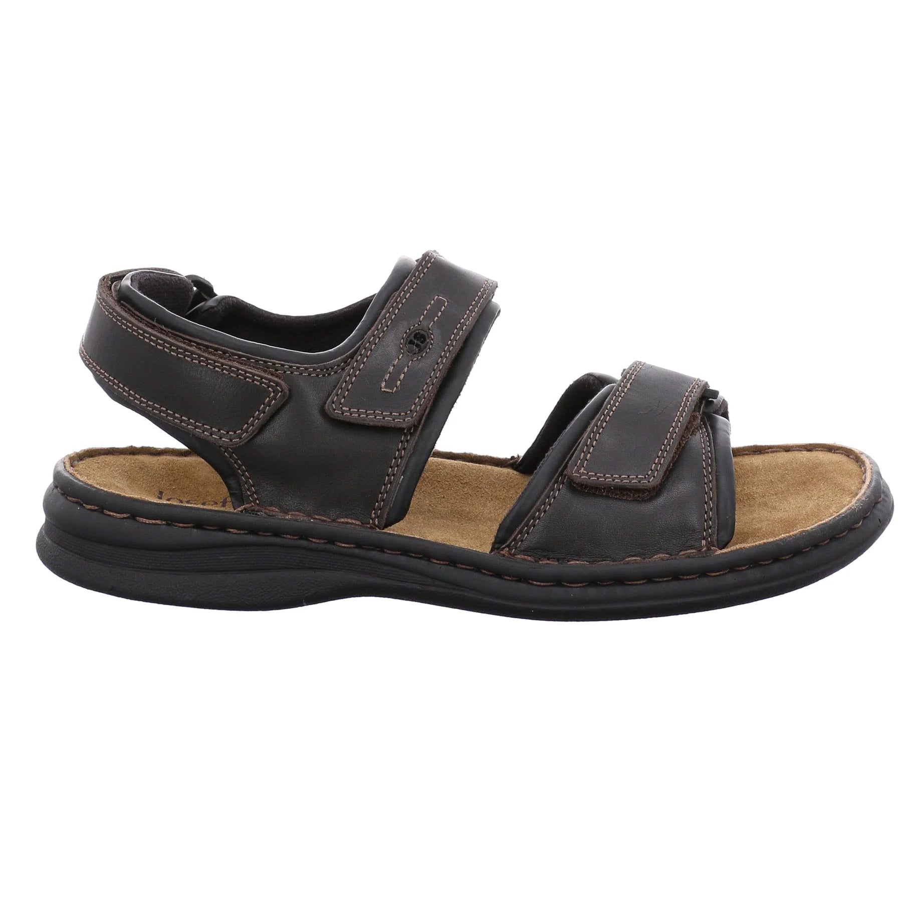 The Josef Seibel Mens Rafe Brown sandal features two adjustable straps, visible stitching, an open toe, and a cushioned sole for comfort, shown in a side view against a white background.