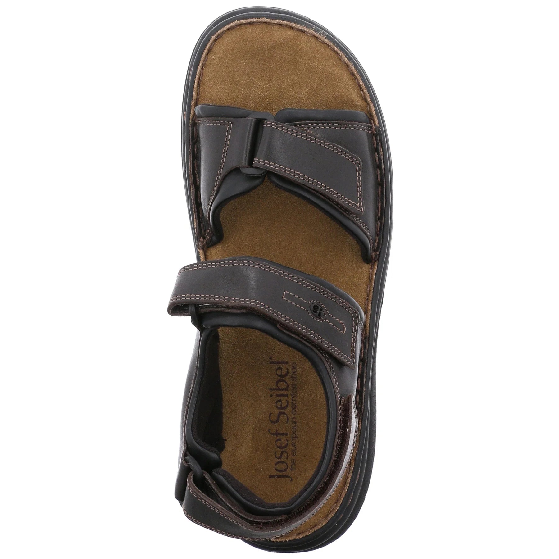 The Josef Seibel Mens Rafe Brown sandal features two adjustable Velcro straps, visible stitching, and a cushioned tan insole for comfort and foot pain relief. The sandal has a dark sole and is made of brown leather.