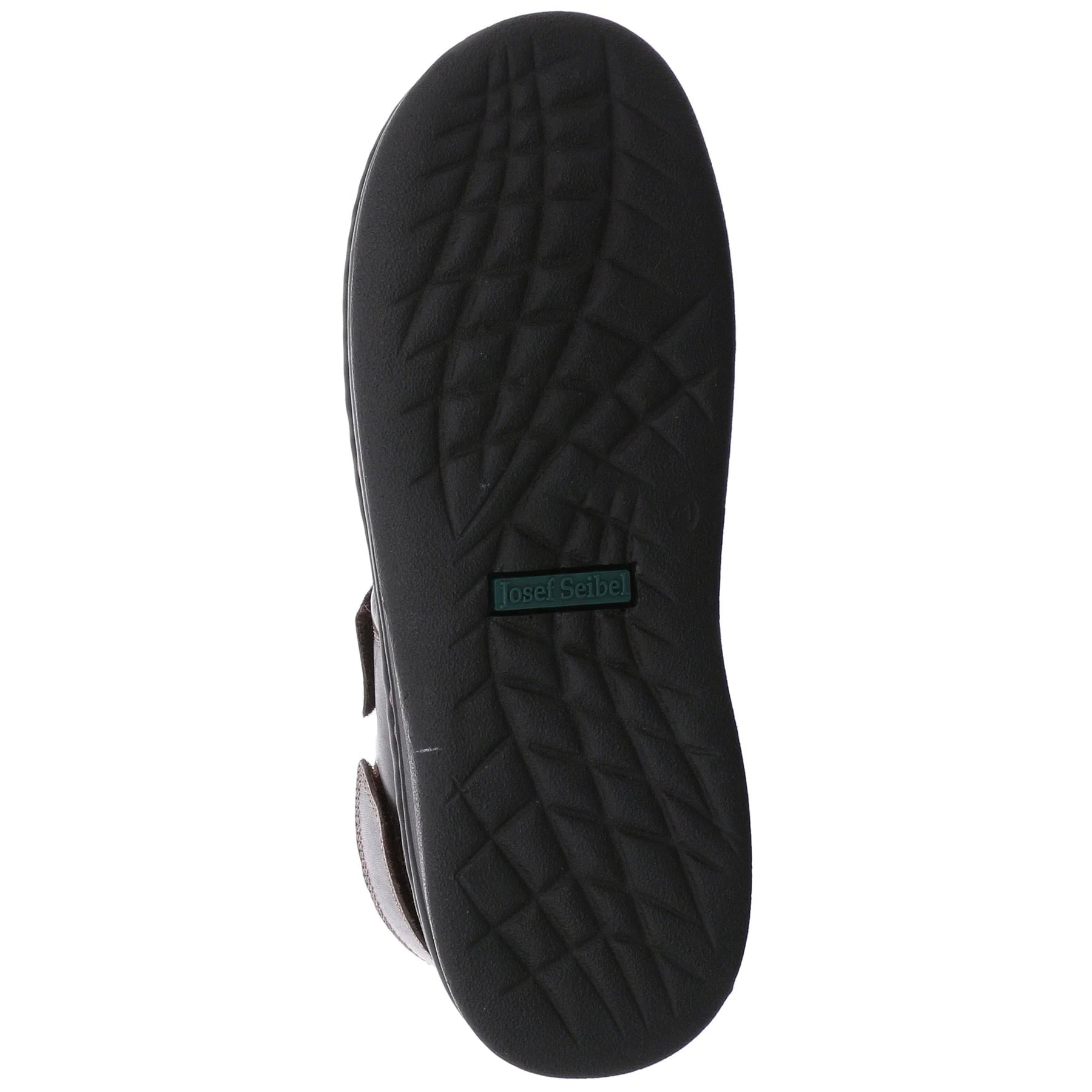 The image displays the black rubber sole of Josef Seibel Mens Rafe Brown sandals, featuring a textured crisscross pattern and a green and black Josef Seibel label at the center.