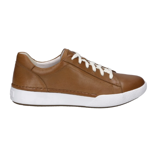 The Josef Seibel Womens Claire 01 Camel is a brown leather sneaker with white laces and a white rubber sole, designed for comfort and foot pain relief. Shown in side profile on a plain white background.