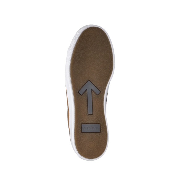 The sole of the Josef Seibel Womens Claire 01 Camel shoe, seen from below, features a brown surface with a large black arrow and a small rectangular label reading JOSEF SEIBEL, designed for all-day foot pain relief.