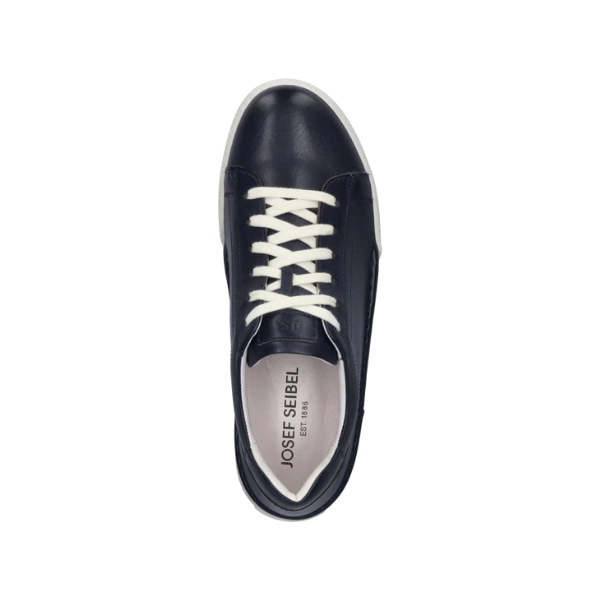 The Josef Seibel Womens Claire 01 Indigo is a black leather sneaker with white laces and sole, shown from above. The insole displays Josef Seibel EST 1886 in grey, offering comfort and all-day foot pain relief.