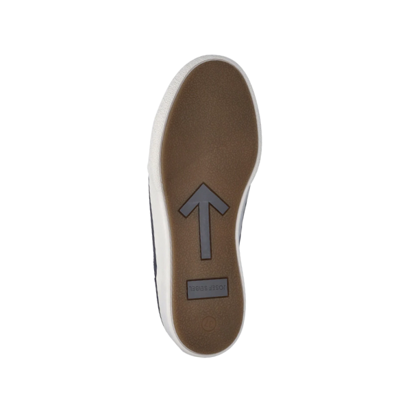 The Josef Seibel Womens Claire 01 Indigo sneaker features a brown sole with a white edge, offering stylish comfort and foot pain relief, by Josef Seibel.