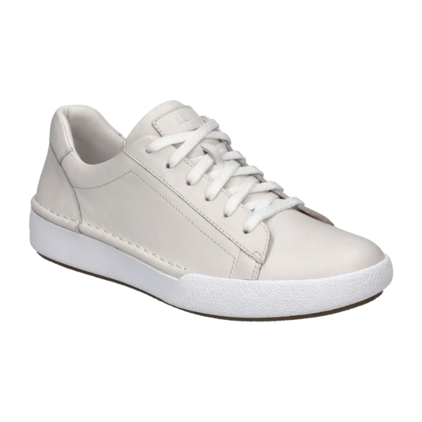 The Josef Seibel Womens Claire 01 White sneakers feature a white leather low-top design with white laces, a rubber sole, and subtle side stitching—stylish, comfortable shoes from Josef Seibel, ideal for foot pain. Shown against a plain background.