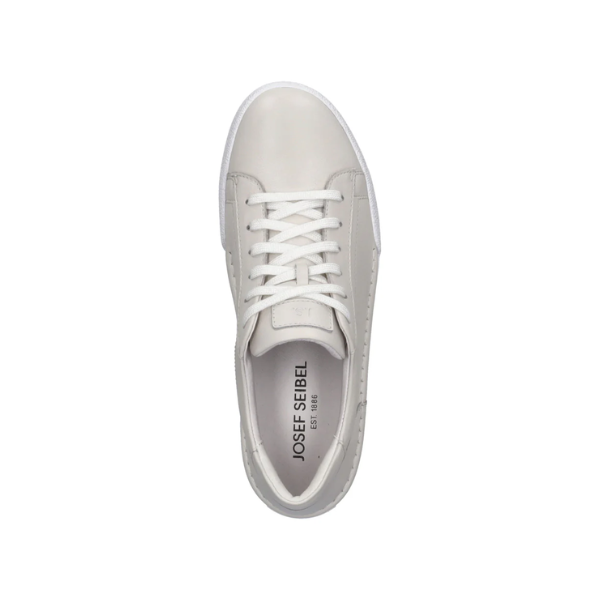 A top-down view of the Josef Seibel Women’s Claire 01 White leather sneaker with white laces. The insole displays the brand name. This stylish, comfortable shoe is ideal for foot pain and centered on a plain white background.