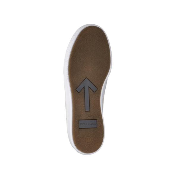 The Josef Seibel Womens Claire 01 White sneaker features a brown sole with a black arrow design, JOSEF SEIBEL branding, and white accents—making these comfortable leather shoes ideal for relieving foot pain.
