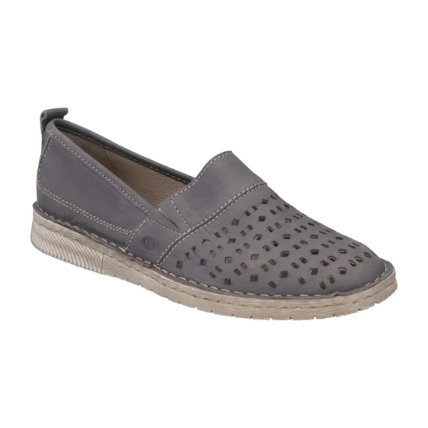 The Josef Seibel Womens Sofie 27 Jeans by Josef Seibel is a grey slip-on loafer with perforated toe and sides, beige stitching, and a textured beige sole—an espadrille offering comfort and casual style, ideal for foot pain relief.