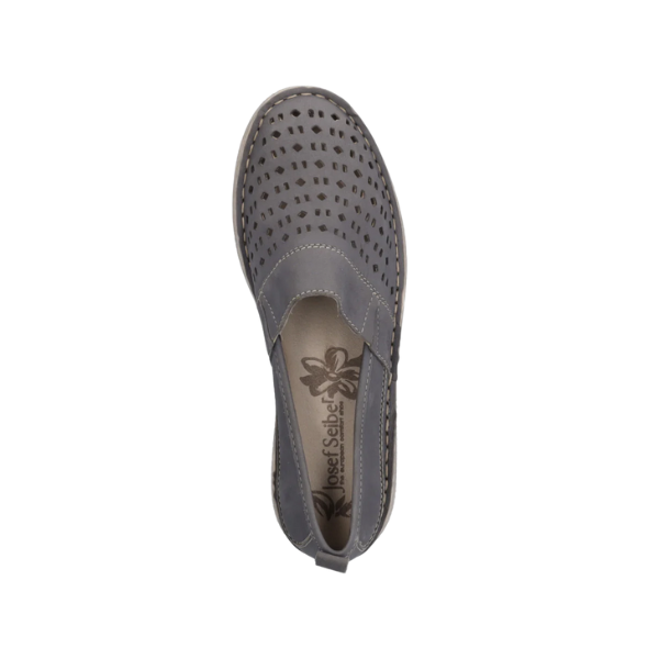 Top view of Josef Seibel Womens Sofie 27 Jeans slip-on: gray leather with perforated holes, white stitching, tan insole with floral design and Josef Seibel logo—perfect for relieving foot pain.