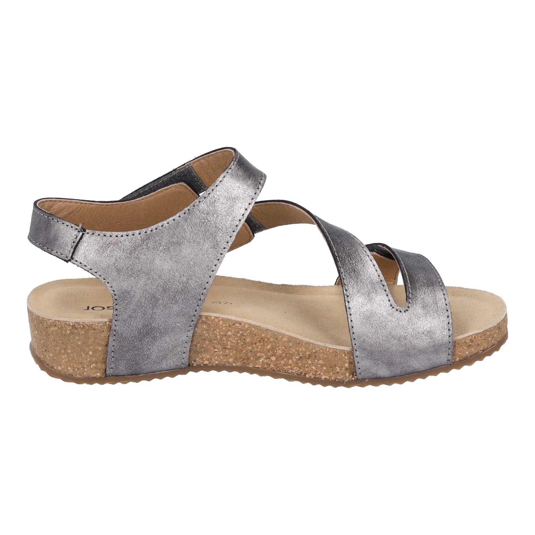 The Josef Seibel Womens Tonga Anthrazite sandal features a metallic silver finish, cork sole, open toe, ankle and adjustable cross straps, plus a low heel for enhanced comfort and foot pain relief.