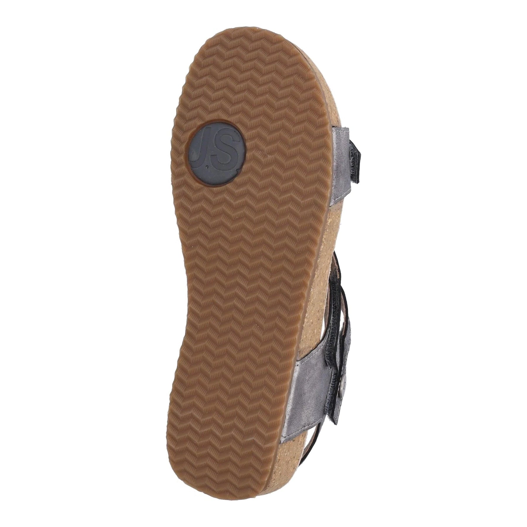 The image displays the bottom view of the Josef Seibel Womens Tonga Anthrazite sandal, featuring a light brown textured rubber sole with a circular logo by the heel and black and gray adjustable straps visible from the side.