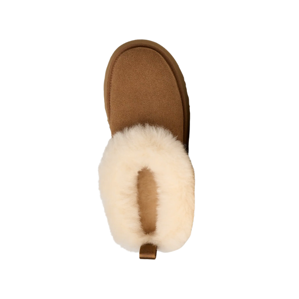 Top view of a single UGG Women's Tazzelle Chestnut slipper featuring thick, fluffy white shearling lining around the opening and a small heel pull tab, set against a white background.