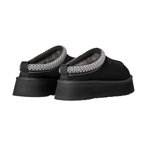 The UGG Women's Tazz II Black slippers feature thick platform soles, visible ankle stitching, and plush sheepskin lining. Shown from the back and side, these UGG suede shoes combine comfort with stylish design.