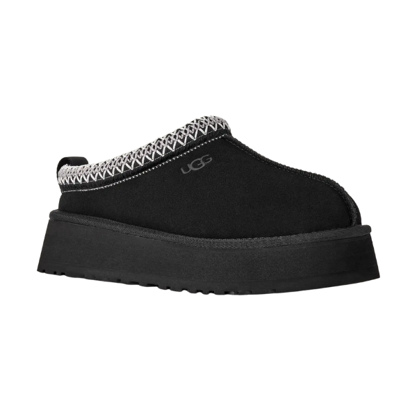 The UGG Women's Tazz II Black is a platform suede slipper with a thick sole, white stitching around the opening, plush sheepskin lining, and a small UGG logo on the side.