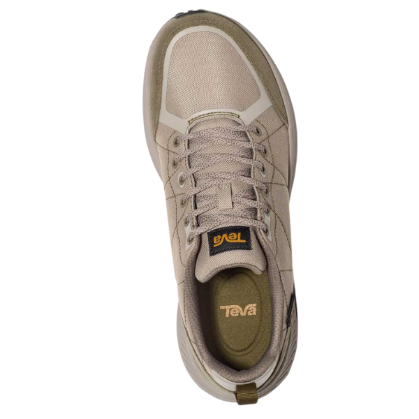 Top view of the TEVA Men's Ellwood Taupe Desert sneaker, featuring tan laces, black and yellow tongue logo, heel pull tab, and eco-friendly construction with recycled materials.