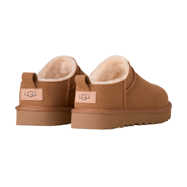 A pair of UGG Women's Classic Micro Chestnut boots in brown suede with tan soles and plush shearling lining, viewed from the back and slightly to the side, displaying the UGG logo on the heel tabs.