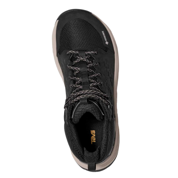 Top view of the TEVA Women's Grandview Max GORE-TEX Black hiking boots featuring patterned laces, mesh, textured toe material, and visible logo inside these waterproof boots.