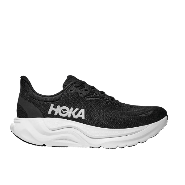 The HOKA Women's Arahi 8 in Black/White is a left-view stability running shoe designed for overpronation.