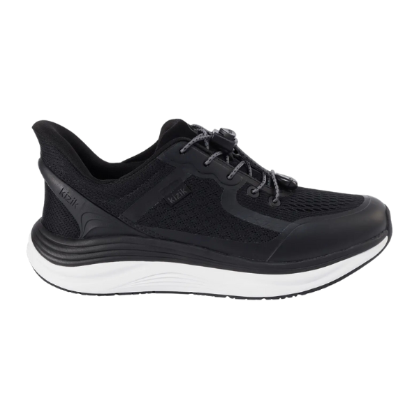 The KIZIK Mens London Black Wide sneaker features a mesh upper, dark gray laces, white sole, padded collar, and advanced cushioning for comfort and support. Side view shown.