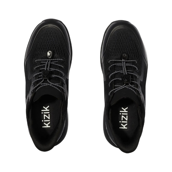 Top view of KIZIK Mens London Black Wide hands-free shoes with mesh uppers and elastic laces, side by side on a white background—crafted for ultimate comfort.
