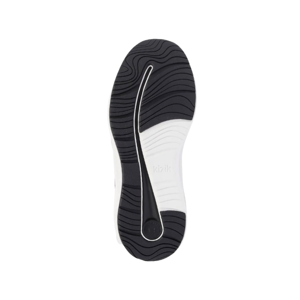 The image displays the sole of the Kizik Mens London Black Wide shoe, featuring black and white sections with a wavy tread. The KIZIK brand name appears in the center, showcasing their innovative hands-free footwear.