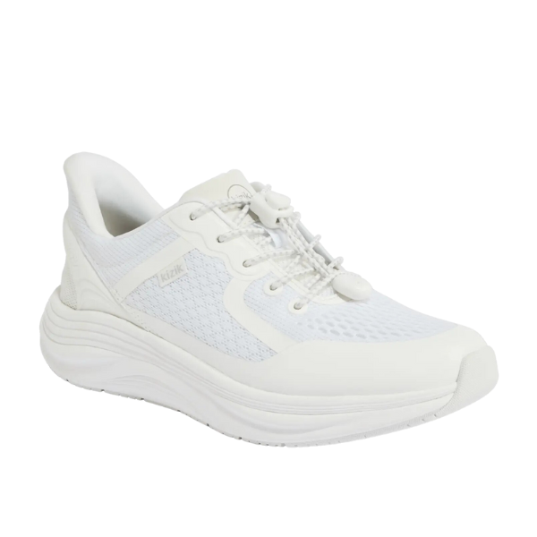 The KIZIK Womens London White Wide is a white low-top sneaker with mesh fabric, a thick cushioned sole, and an elastic lace system with toggle closure—ideal for hands-free comfort.