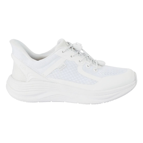 The KIZIK Womens London White Wide features a mesh upper, cushioned sole, lace-up closure, and subtle side and heel textures—ideal for all-day comfort in womens athletic sneakers.