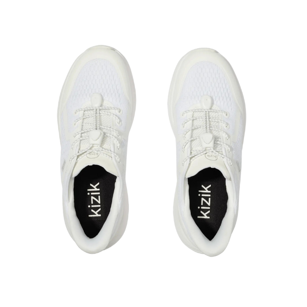 Top view of KIZIK Womens London White Wide, hands-free athletic shoes with mesh uppers, elastic laces, and black insoles featuring the KIZIK logo—designed for comfort and ease.