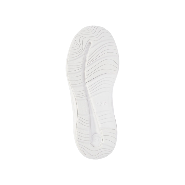 The sole of the KIZIK Womens London White Wide shoe features wavy tread patterns and Kizik embossed at the center, highlighting hands-free comfort. It is displayed against a plain white background.