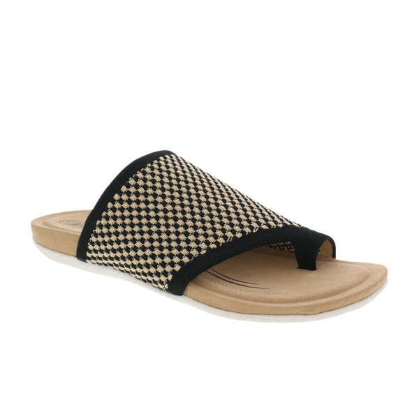 The Biza Womens Lavish Black Multi by BIZA FOOTWEAR features a woven black and beige checkered upper, tan cushioned footbed for plantar fasciitis support, and a white sole—a stylish, comfortable travel slide sandal.