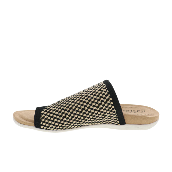 The Biza Womens Lavish Black Multi by BIZA FOOTWEAR is a slip-on sandal with a beige sole, black and beige checkered fabric upper, open toe, and low heel—perfect as comfortable travel sandals.