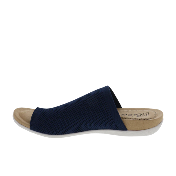 The BIZA FOOTWEAR Biza Womens Lavish Navy sandal features a navy open-toe mesh upper, a beige cushioned footbed for pain relief, and a white sole, shown in a side view against a white background.