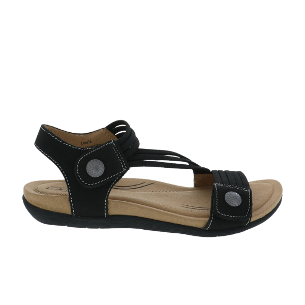 The Biza Womens Luna Midnight by BIZA FOOTWEAR is a black open-toe walking sandal with a beige cushioned sole, decorative stitching, silver accents, and multiple thin straps for stylish foot pain relief.