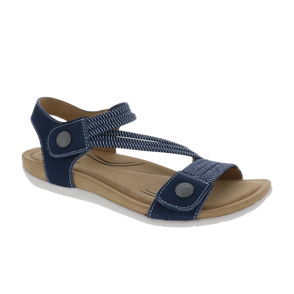 The Biza Womens Luna Navy sandal by BIZA FOOTWEAR features a navy upper, beige cushioned sole, two adjustable straps with gray buttons, and white stitching—offering comfort and relief for foot pain.