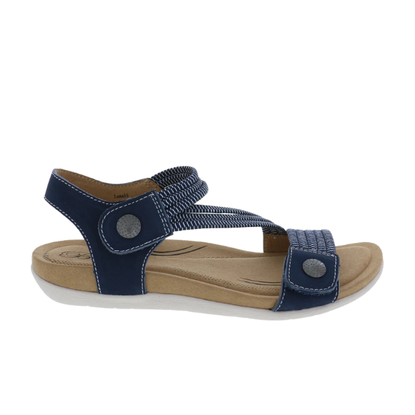 The Biza Womens Luna Navy sandal by BIZA FOOTWEAR features navy blue and beige, a cushioned sole for foot pain relief, two adjustable straps with decorative stitching and buttons for a stylish, comfortable fit.