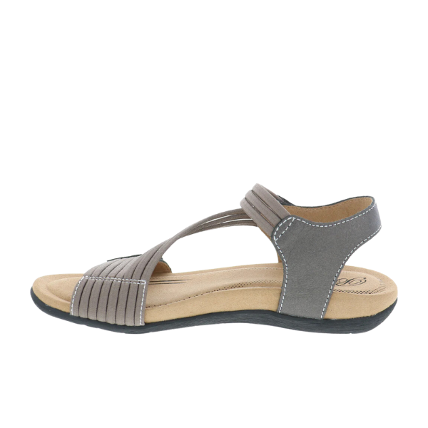 A single BIZA FOOTWEAR Biza Womens Luna Pewter walking sandal with cushioned insole, open toe, crisscross adjustable Velcro straps, and white stitching is shown in side view on a white background.