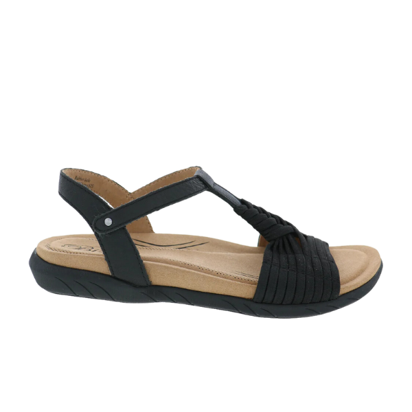 The BIZA FOOTWEAR Biza Womens Kate Black is a black comfort sandal with a low heel, tan memory foam footbed, ankle strap with snap closure, and a black textured sole for grip.