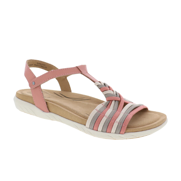 The BIZA FOOTWEAR Kate Brick Multi sandal features a tan sole, white outsole, pink and beige crisscross straps, open toe, ankle strap with snap button, and a memory foam footbed for all-day comfort.