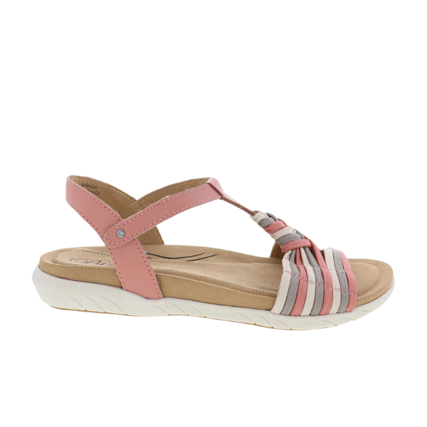 The Biza Women’s Kate Brick Multi by BIZA FOOTWEAR is a comfort sandal with a cushioned beige sole, pink ankle strap, pink/cream/gray striped front bands, memory foam footbed, and adjustable Velcro closure. Shown on a white background.