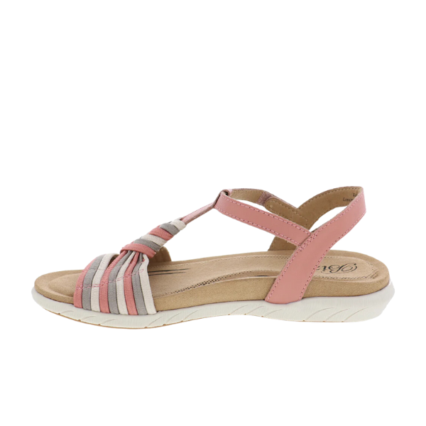 The BIZA FOOTWEAR Biza Womens Kate Brick Multi is a pink and beige comfort sandal featuring multiple toe straps, an adjustable Velcro strap, closed heel, white flexible sole, and memory foam footbed, shown in side profile.