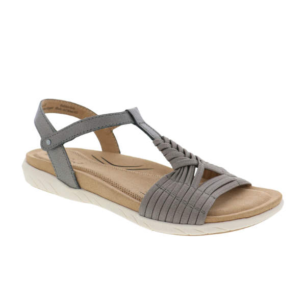 The Biza Womens Kate Bronze by BIZA FOOTWEAR is a comfy bronze sandal with a low wedge, cushioned memory foam footbed, braided front, and slingback strap with button closure for all-day support.