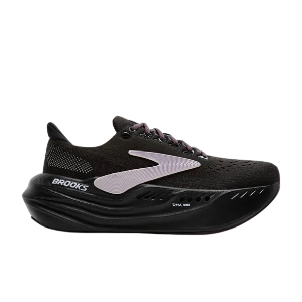 The BROOKS Womens Glycerin Max Black running shoe features a black upper, purple-tinted sole, light purple laces, a large white logo, and DNA Tuned cushioning in the midsole for comfortable strides.