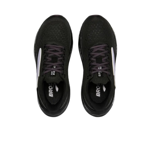 A pair of Brooks Womens Glycerin Max Black running shoes with white soles and side stripes, seen from above on a white background. Features include black laces, BROOKS branding on the insoles, and DNA Tuned cushioning for comfort.