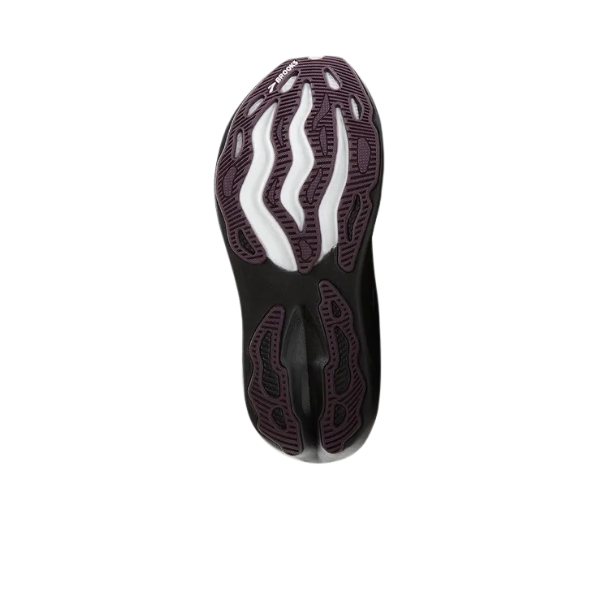 The image shows the sole of the BROOKS Womens Glycerin Max Black with a black base, purple zigzag patterns, and white accents, featuring its GlideRoll Rocker geometry and photographed from below on a plain white background.